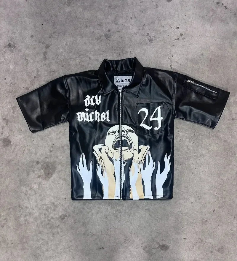 Y2K Harajuku Personalized leather pattern design zipper short sleeve T-shirt for women Summer lapel aesthetic Hip Hop 2024