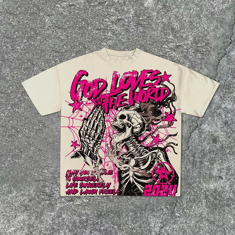 Casual Short Sleeve God Loves The World Graphics 100% Cotton T-Shirt Men Summer Y2K Vintage Oversize Tshirt Streetwear Women Top