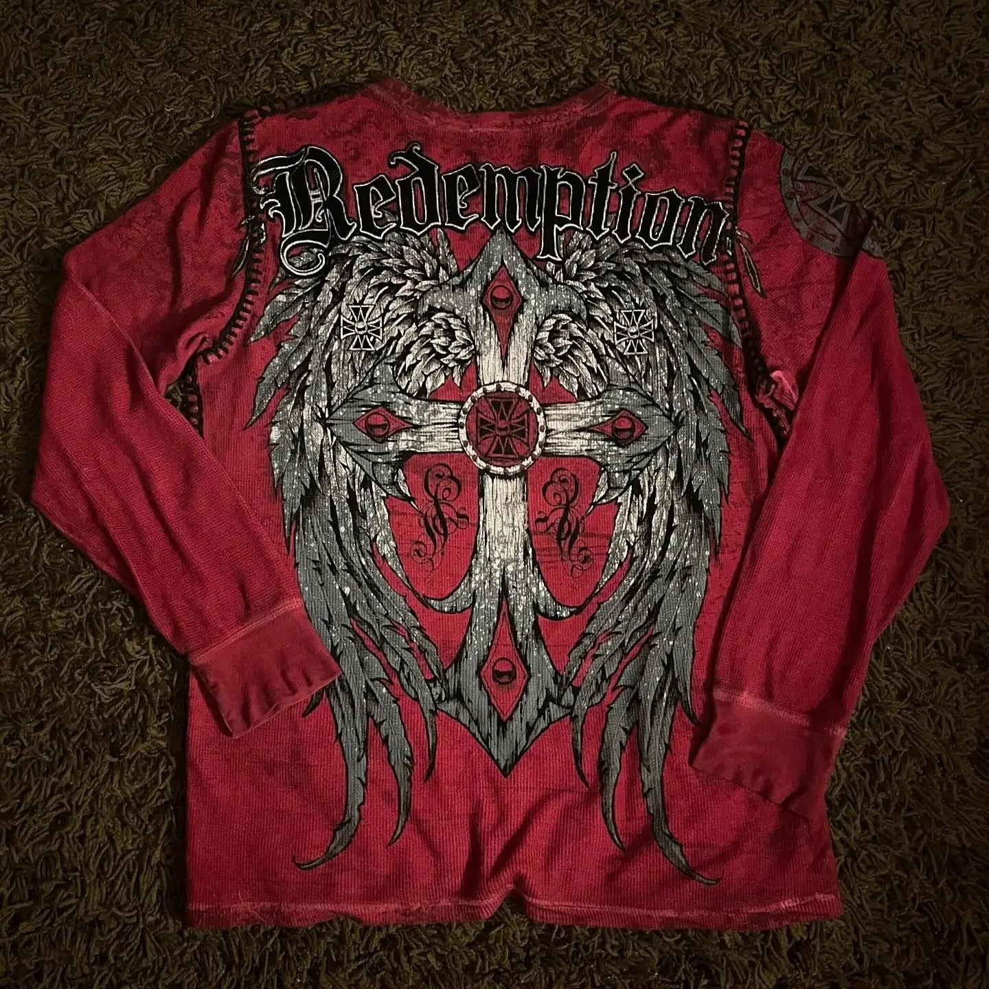 Affliction Long sleeved T shirt Y2K New Hip Hop Cross Pattern Round Neck Oversized T shirt Men Women Casual Gothic Clothing Tops