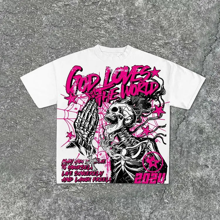 Casual Short Sleeve God Loves The World Graphics 100% Cotton T-Shirt Men Summer Y2K Vintage Oversize Tshirt Streetwear Women Top